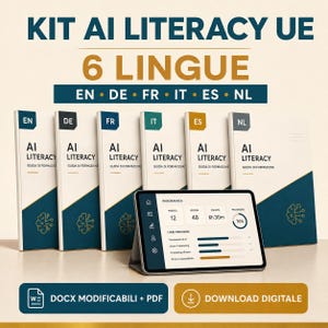 Op de afbeelding: Een set van zes AI Literacy trainingsgidsen in verschillende talen, elk met een hersenpictogram en de tekst AI LITERACY GUIDA DI FORMAZIONE. Een tablet toont een dashboard met 12 modules, 48 lessen en 6u 30m duur. Tekst: DOCX MODIFICABILI + PDF en DOWNLOAD DIGITALE.