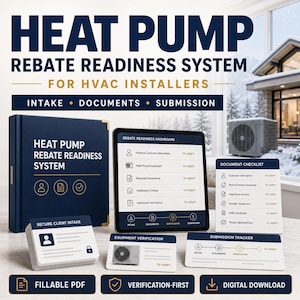 Può includere: Un sistema di preparazione per rimborsi pompe di calore per installatori HVAC, con un raccoglitore blu scuro, un tablet con dashboard, una lista di controllo, schede di ammissione cliente e un sistema di tracciamento delle richieste.