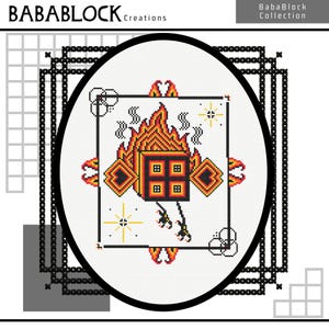 May include: A cross-stitch pattern featuring a central black cube with four small yellow squares, engulfed in orange and red flames, with two thin legs and feet. The design includes geometric borders, stars, and the text BABABLOCK Creations.