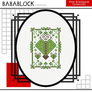 May include: A cross-stitch pattern featuring a central green heart-shaped fish skeleton with a skull head, framed by a decorative border of green leaves and brown stems. The text BABABLOCK Creations and Fish Graveyard Collection is visible.