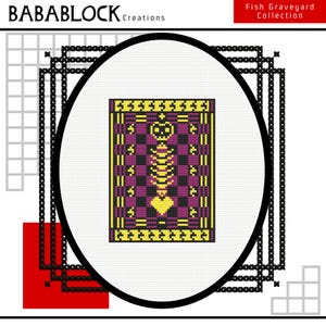 May include: A cross-stitch pattern featuring a yellow fish skeleton centred on a purple and black checkerboard background, framed by a yellow border with geometric symbols. The text BABABLOCK Creations and Fish Graveyard Collection appear.
