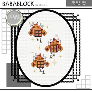 May include: A cross-stitch pattern featuring three identical square blocks with orange and red flames, small wings, and thin legs. The design includes yellow star accents and the text BABABLOCK Creations and BIGGER PATTERN.