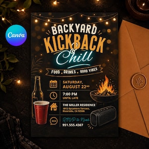 May include: A black party invitation flyer titled BACKYARD KICKBACK & CHILL with string lights, a fire pit, a beer bottle, and a red plastic cup. Text includes Saturday, August 22nd, 7:00 PM, The Miller Residence, 1812 Sycamore Terrace, Riverside, CA 92506.