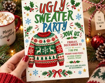 May include: A rectangular invitation card featuring the text UGLY SWEATER PARTY JOIN US, with a graphic of a red, green, and white patterned sweater. Details include Friday, December 12, 7:00 PM, Merry Oaks Hall, 412 Pine Street, Austin, Texas.