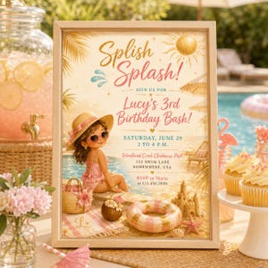 May include: A rectangular framed birthday invitation featuring a pool scene with a child in a pink swimsuit and straw hat. The text reads Splish Splash! Join us for Lucy's 3rd Birthday Bash! Saturday, June 29, 2 to 4 P.M. at Woodland Creek Clubhouse Pool.