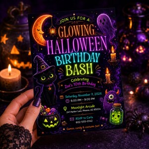 May include: A rectangular Halloween birthday invitation card featuring a black cat in a witch hat, a crescent moon, a ghost, a monster, and a jack-o'-lantern. Text reads: JOIN US FOR A GLOWING HALLOWEEN BIRTHDAY BASH, Celebrating Zoe's 10th Birthday, Saturday, November 7, 2026, 6:00 PM - 9:00 PM, Moonlight Arcade, 241 Harbor Lane, Phoenix, AZ 85004, RSVP to Carla 602-555-0142.