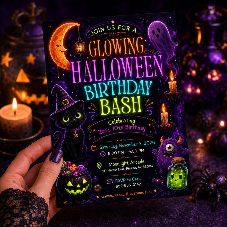 May include: A rectangular Halloween birthday invitation card featuring a black cat in a witch hat, a crescent moon, a ghost, a monster, and a jack-o'-lantern. Text reads: JOIN US FOR A GLOWING HALLOWEEN BIRTHDAY BASH, Celebrating Zoe's 10th Birthday, Saturday, November 7, 2026, 6:00 PM - 9:00 PM, Moonlight Arcade, 241 Harbor Lane, Phoenix, AZ 85004, RSVP to Carla 602-555-0142.