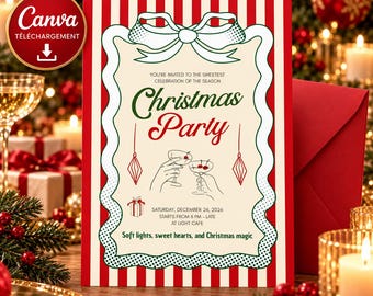 Christmas Party Invitation | Retro Red Stripes & Green Bow Holiday Cocktail Invite | Editable Template Canva Digital Download