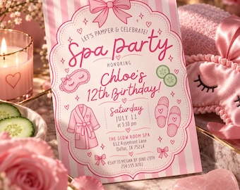 May include: A rectangular invitation card with a pink and white striped background featuring a scalloped border and a pink bow at the top. The text reads: Let's Pamper & Celebrate! Spa Party Honoring Chloe's 12th Birthday! Saturday July 11 at 3:30 pm, The Glow Room Spa, 612 Rosemont Lane, Dallas, TX 75214, RSVP to Megan by June 28th 214.555.9281.