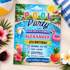 May include: A rectangular pool party invitation for Alexander's 8th birthday on July 11th. The design features a swimming pool, a beach ball, a pink flamingo float, a tropical drink, a pineapple, and a watermelon slice with party details.