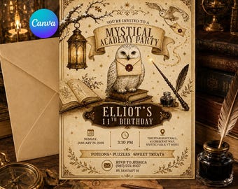 May include: A rectangular invitation card with a vintage parchment aesthetic featuring a white owl holding an envelope, a lantern, an open book, and a quill. Text reads: You're invited to a Mystical Academy Party, Elliot's 11th Birthday, Sunday, January 23, 2028, 3:30 PM, The Starlight Hall, 45 Crescent Way, Mystic Falls, VT 05055, Potions+ Puzzles Sweet Treats, RSVP to Jessica (802) 555-0107 by January 10.