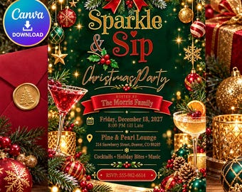 May include: A Christmas party invitation card featuring the text Sparkle & Sip Christmas Party, hosted by The Morris Family on Friday, December 18, 2027, at Pine & Pearl Lounge, 214 Snowberry Street, Denver, CO 80205, with RSVP 555-982-6614.