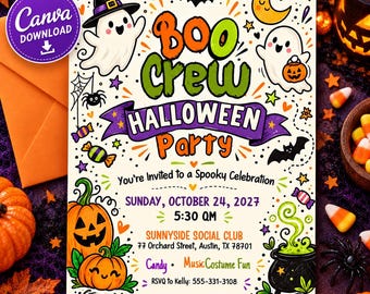 May include: A Halloween party invitation flyer titled Boo Crew featuring illustrations of ghosts, pumpkins, bats, and a cauldron. Text includes date Sunday, October 24, 2027, time 5:30 PM, location Sunnyside Social Club, 77 Orchard Street, Austin, TX 78701.