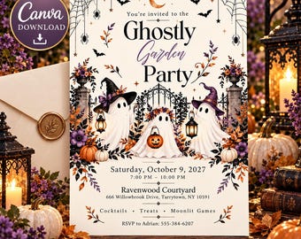 May include: A rectangular invitation card titled Ghostly Garden Party featuring three white ghosts, one wearing a black hat and one a purple hat, surrounded by pumpkins, spiderwebs, bats, and floral accents, with event details for October 9, 2027.