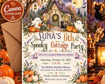 May include: A Halloween birthday invitation featuring a cottage, ghosts, pumpkins, and a black cat. Text reads: Luna's 6th Spooky Cottage Party, Saturday, October 23, 2027, 2:30 PM, Ivy Hollow Garden House, 315 Lavender Lane, Portland, OR 97214.