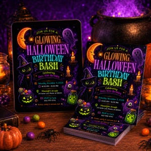 May include: A rectangular invitation card for a Glowing Halloween Birthday Bash for Zoe's 10th birthday on November 7, 2026. The design features a black cat in a witch hat, a crescent moon, a ghost, a jack-o'-lantern, and neon text on a dark background.
