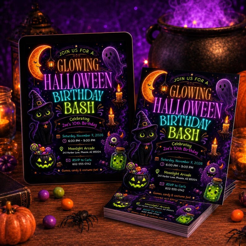 May include: A rectangular invitation card for a Glowing Halloween Birthday Bash for Zoe's 10th birthday on November 7, 2026. The design features a black cat in a witch hat, a crescent moon, a ghost, a jack-o'-lantern, and neon text on a dark background.