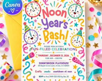 Noon Years Eve Invitation | Kids New Years Party | Colorful Countdown Clocks & Confetti | Editable Template