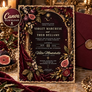 May include: A rectangular wedding invitation card with a dark burgundy background, gold ornate arch frame, and botanical illustrations of figs, berries, and leaves. The text reads: Violet Marchese and Theo Bellamy, Oct 11 2025, Villa Montebello.