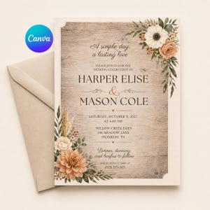 Peut inclure: Une carte d'invitation de mariage avec un fond en grain de bois, ornée de compositions florales dans les coins supérieur droit et inférieur gauche. Le texte indique : A simple day, a lasting love, Harper Elise et Mason Cole, 9 octobre 2027.