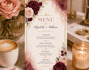 May include: A vertical wedding menu card featuring a cream background with burgundy and blush floral watercolor accents and gold foil borders. The text reads Menu, Elizabeth & William, and lists courses including Roasted Beet and Goat Cheese Salad.