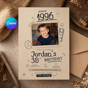 Könnte beinhalten: Eine beige Geburtstagseinladungskarte mit einem zentralen Foto eines kleinen Kindes. Der Text lautet BORN IN 1996, JOIN US TO CELEBRATE Jordan's 30TH BIRTHDAY, SATURDAY, JANUARY 10, 2027, 7:00 PM, OLIVE & OAK SOCIAL CLUB, 412 MERCER STREET, NASHVILLE, TN 37206.
