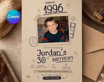 May include: A beige birthday invitation card featuring a central photograph of a young child. The text reads BORN IN 1996, JOIN US TO CELEBRATE Jordan's 30TH BIRTHDAY, SATURDAY, JANUARY 10, 2027, 7:00 PM, OLIVE & OAK SOCIAL CLUB, 412 MERCER STREET, NASHVILLE, TN 37206.