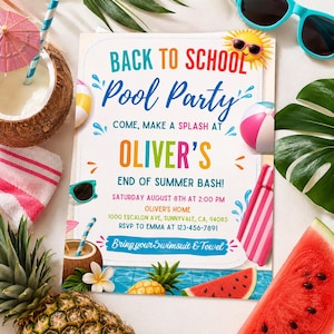 May include: A rectangular invitation card for a Back to School Pool Party at Oliver's. The text includes the date Saturday August 8th at 2:00 PM, the location 1000 Escalon Ave, Sunnyvale, CA, 94085, and RSVP details to Emma at 123-456-7891.
