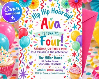 May include: A birthday invitation card featuring the text Hip Hip Hooray! Ava is turning Four! Saturday, September 19th at 3 o'clock in the afternoon, The Miller Home, 52 Cedar Grove, Charlotte, NC 28203, Cupcakes, games & dancing.