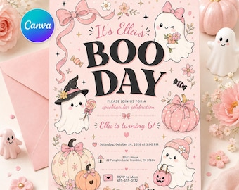 May include: A pink birthday invitation card featuring the text It's Ella's BOO DAY, PLEASE JOIN US FOR A spooktacular celebration, Ella is turning 6, Saturday, October 24, 2026 at 3:00 PM, 22 Pumpkin Lane, Franklin, TN 37064, and RSVP to Mom 615-555-0172.