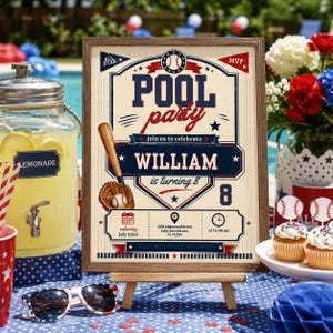 William Pool Party Baseball Birthday Invitation, Vintage All Star 8th Birthday Invite