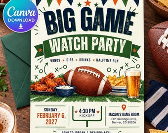 Football Watch Party Invitation | Big Game Football & Wings | Green Navy Game Day | Editable Template
