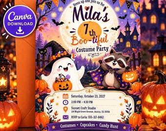 May include: A Halloween party invitation card featuring a ghost in a witch hat and a raccoon in a cape, both holding jack-o'-lanterns. The text reads: Dress up and join us for Mila's 7th Boo-tiful Costume Party, Saturday, October 23, 2027.