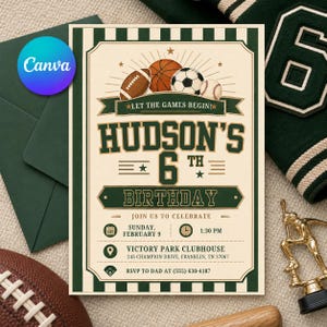 Peut inclure: Une carte d'invitation d'anniversaire sur le thème du sport avec un ballon de football américain, de basket, de foot et de baseball. Le texte indique : LET THE GAMES BEGIN! HUDSON'S 6TH BIRTHDAY. JOIN US TO CELEBRATE SUNDAY, FEBRUARY 9, 1:30 PM.