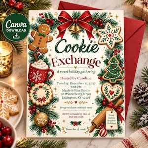 Pode incluir: Um convite para troca de biscoitos com uma borda festiva de ramos de pinheiro, bagas vermelhas, um grande laço vermelho e vários biscoitos. O texto diz Cookie Exchange, A sweet holiday gathering, Hosted by Caroline, Tuesday, December 21, 2027, 7:00 PM, Maple & Pine Studio, 56 Winterberry Street, Lexington, KY 40508, Bring one dozen cookies to swap, RSVP to Sarah by Dec 12 859-555-0105, Cocoa bar & cards, e Good Cookies Brighter Holidays.