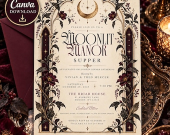 May include: A rectangular invitation card with a cream background featuring a gold crescent moon, dark red floral borders, and gothic-style text reading Moonlit Manor Supper, an elevated Halloween dinner gathering hosted by Vivian and Theo Mercer.
