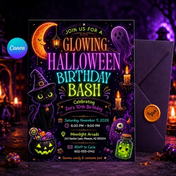 Halloween Birthday Invitation | Neon Spooky Party Invite | Black Cat Ghost Glow Theme | Editable Template