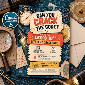 Può includere: Un biglietto d'invito di compleanno rettangolare con sfondo a griglia blu scuro con il testo CAN YOU CRACK THE CODE? JOIN US FOR LEO'S 10TH MYSTERY CHALLENGE, data, ora, luogo e dettagli RSVP. Il design include un cronometro, una lente e chiavi.