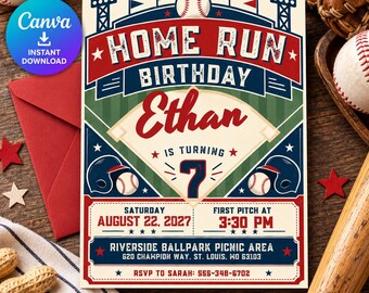 May include: A baseball-themed birthday invitation card featuring the text HOME RUN BIRTHDAY, the name Ethan, the number 7, and event details including Saturday, August 22, 2027, at 3:30 PM at Riverside Ballpark Picnic Area.