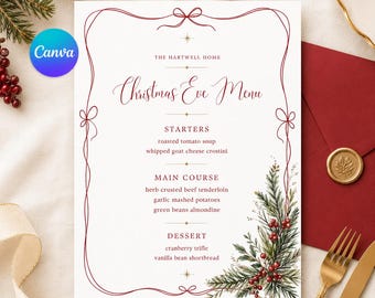 May include: A white Christmas Eve menu card featuring a red ribbon border, gold star accents, and a botanical illustration of pine branches with red berries. The text lists starters, main course, and dessert for The Hartwell Home.