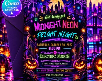 May include: A Halloween party invitation flyer featuring neon text that reads Get ready for MIDNIGHT NEON FRIGHT NIGHT, SATURDAY, OCTOBER 30, 2027, 8:00 PM, ELECTRIC MANOR, 19 VESPER AVENUE, BROOKLYN, NY 11211, DJ, GLOW DRINKS, COSTUME CONTEST, RSVP: 555-980-2146.