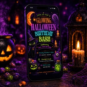 May include: A smartphone displaying a digital invitation for a Glowing Halloween Birthday Bash for Zoe's 10th birthday on November 7, 2026, at Moonlight Arcade, featuring a black cat, a ghost, a monster, and a jack-o'-lantern graphic design.