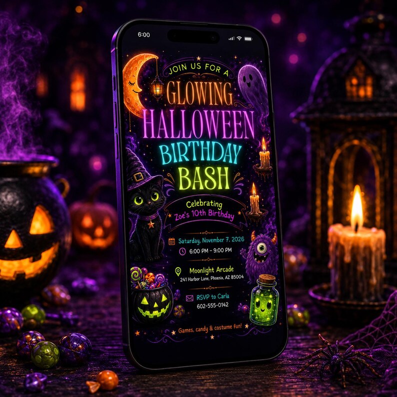 May include: A smartphone displaying a digital invitation for a Glowing Halloween Birthday Bash for Zoe's 10th birthday on November 7, 2026, at Moonlight Arcade, featuring a black cat, a ghost, a monster, and a jack-o'-lantern graphic design.
