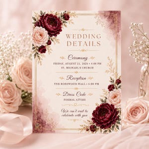 Może przedstawiać: Prostokątne zaproszenie ślubne z kremowym tłem oraz bordowymi i jasnoróżowymi akcentami kwiatowymi w stylu akwareli. Tekst brzmi: WEDDING DETAILS, Ceremony, FRIDAY, AUGUST 21, 2026, 4:00 PM, ST. MICHAEL'S CHURCH, Reception, THE ROSEWOOD HALL, 6:00 PM, Dress Code, FORMAL ATTIRE, We can't wait to celebrate with you.