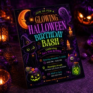 May include: A rectangular Halloween birthday invitation featuring a black background with neon text reading JOIN US FOR A GLOWING HALLOWEEN BIRTHDAY BASH. It includes a crescent moon, a black cat in a witch hat, a ghost, a monster, and a jack-o'-lantern.