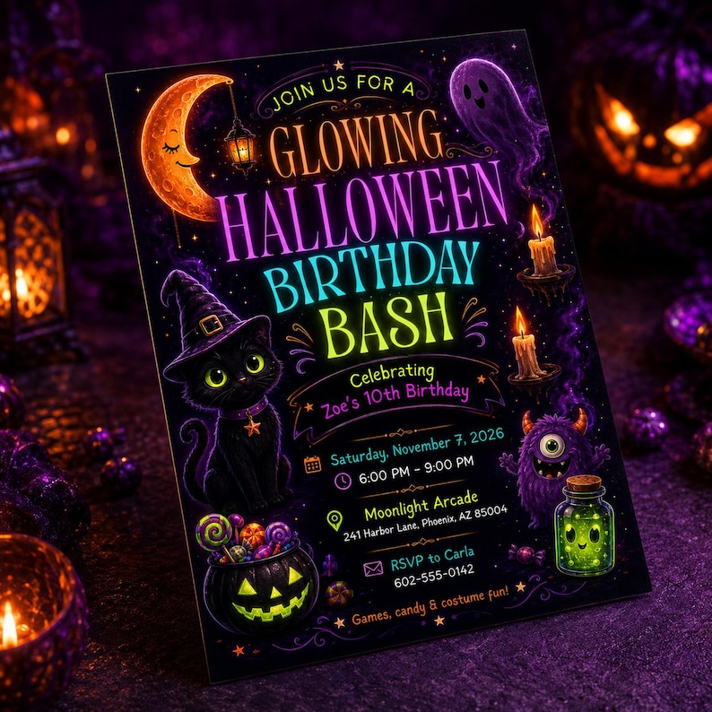May include: A rectangular Halloween birthday invitation featuring a black background with neon text reading JOIN US FOR A GLOWING HALLOWEEN BIRTHDAY BASH. It includes a crescent moon, a black cat in a witch hat, a ghost, a monster, and a jack-o'-lantern.