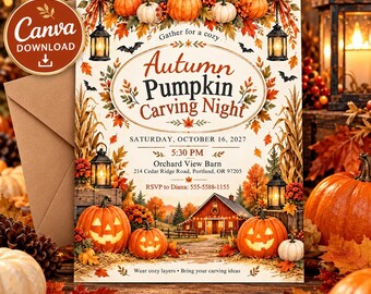 May include: An Autumn Pumpkin Carving Night invitation card featuring orange pumpkins, lanterns, autumn leaves, and a barn illustration. Text includes: Gather for a cozy Autumn Pumpkin Carving Night, Saturday, October 16, 2027, 5:30 PM, Orchard View Barn, 214 Cedar Ridge Road, Portland, OR 97205, RSVP to Diana: 555-5588-1155, Wear cozy layers, Bring your carving ideas.