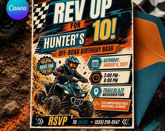 May include: A rectangular birthday invitation card featuring a blue ATV rider in a helmet, with text reading REV UP FOR HUNTER'S 10! OFF-ROAD BIRTHDAY BASH, SATURDAY, AUGUST 6, 2027, 3:00 PM - 6:00 PM, TRAILBLAZE MOTOCROSS PARK, 520 CANYON RIDGE ROAD, MESA RIDGE, CO 80926.