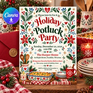 May include: A cream-coloured invitation card for a Holiday Potluck Party on Sunday, 20 December 2026, at 1:00 PM at The Harper Home, 84 Maple Street, Franklin, TN 37064. The design features red, green, and blue botanical motifs and festive icons.