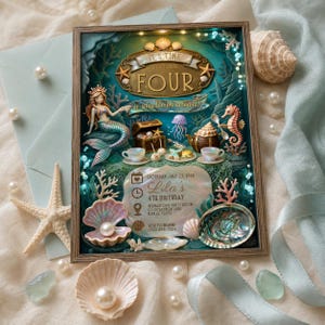 Peut inclure: Une invitation en boîte vitrine rectangulaire avec une sirène, un hippocampe et un service à thé dans un décor sous-marin turquoise. Le texte indique : IT'S TIME TO TURN FOUR a shellabration! SATURDAY, JULY 27, 2026 Lila's 4TH BIRTHDAY MERMAID CAVE PARTY ROOM 123 OCEANVIEW LANE NAPLES, FL 33102 RSVP TO MOMMY (766) 888-7264.